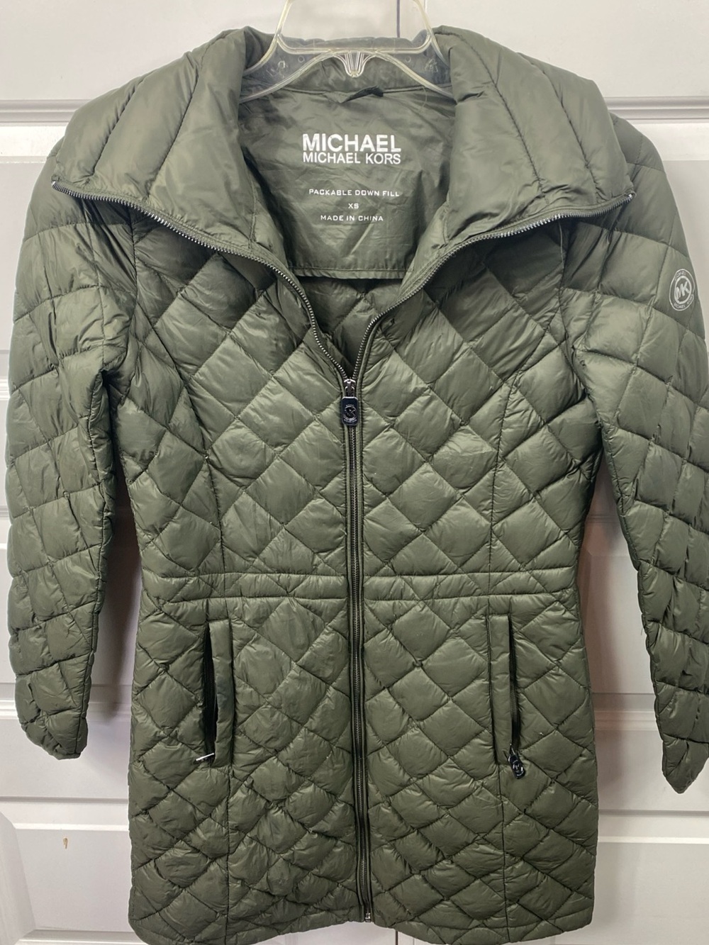 Michael Kors Down Fill Puffer Olive Green Quilted Packable Coat Jacket Trench XS